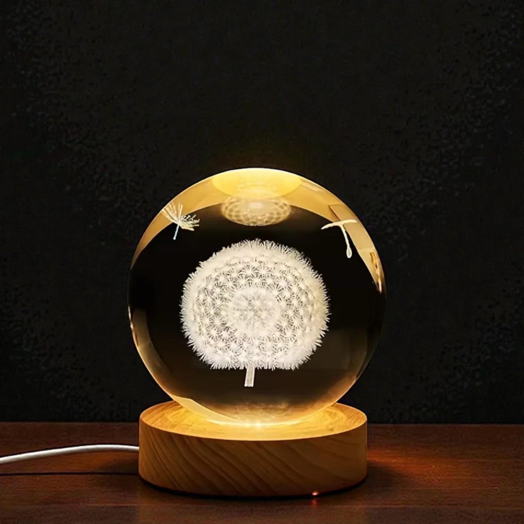 Dandelion Crystal Ball Lamp, 3D Laser Engraved, Floral Night Light ...