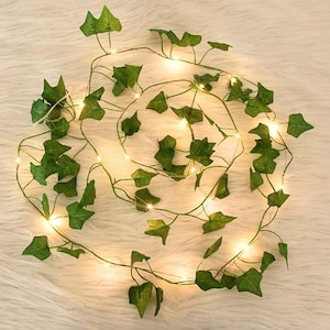 May include: A string of LED lights intertwined with artificial green ivy leaves. The lights are small and warm-toned, creating a soft glow. The ivy leaves are a vibrant green, adding a natural touch to the decorative lighting.