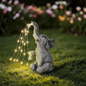 May include: A gray elephant garden statue with its trunk raised, appearing to spray a stream of small, warm white lights. The elephant is sitting on green grass, with a blurred background of flowers.