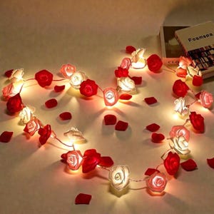 Puede incluir: Una cadena de luces en forma de rosas rojas y blancas, dispuestas en forma de corazón. Pétalos de rosa rojos dispersos rodean las luces. Las luces están encendidas, creando un brillo cálido. Una caja con la palabra "Foamspa" es visible.