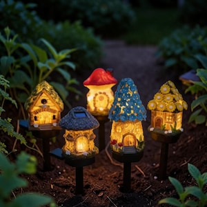 May include: A collection of illuminated garden ornaments shaped like whimsical fairy houses. Each house features unique details, including a "Welcome" sign, floral accents, and solar panels. The houses are set on stakes for easy placement in a garden or yard.