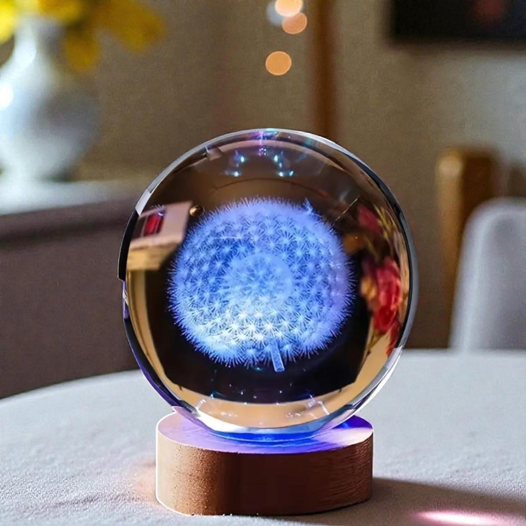 Dandelion Crystal Ball Lamp, 3D Laser Engraved, Floral Night Light ...