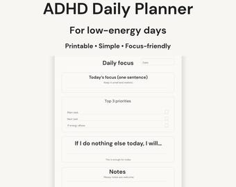 Agenda quotidien TDAH pour les jours de faible consommation d'énergie | Planificateur PDF imprimable simple de mise au point