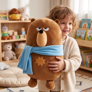 Duolingo Falstaff Bär Plüschtier, mürrischer Braunbär Stofftier mit blauem Schal, niedliche weiche umarmbare Puppe für Kinder, Gamer Fan Geschenk