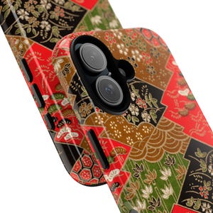 Japanese Patchwork iPhone Case | Traditional Kimono Pattern Phone Cover | Red Green Gold Japanese Art Design | Minimal Japan Aesthetic