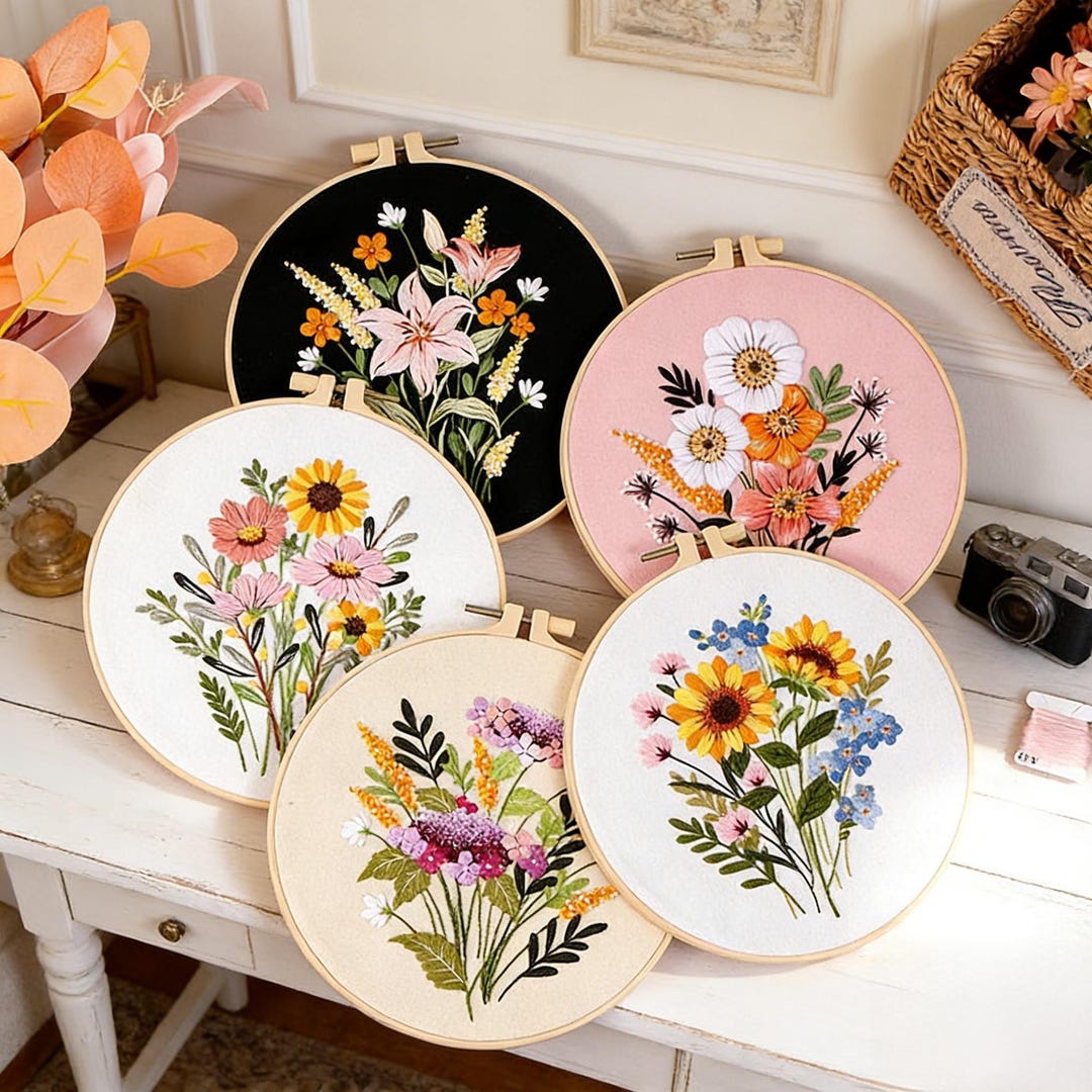 Vibrant Floral Hoop Art Set, Boho Embroidery Wall Decor, Handmade Item ...