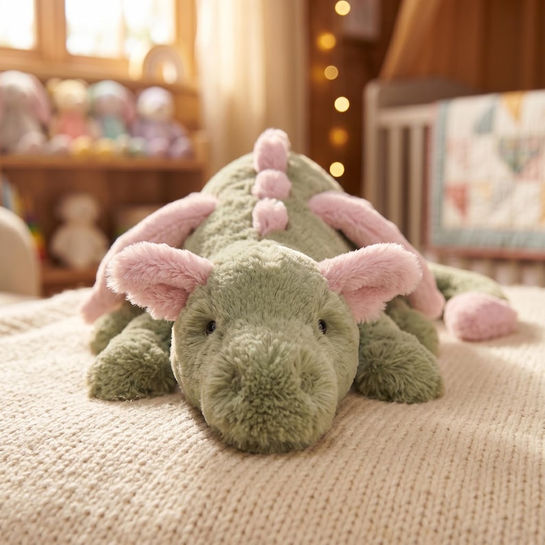 Pode incluir: Um brinquedo de pel&uacute;cia verde em forma de dinossauro com detalhes rosa nas orelhas, espinhos e p&eacute;s. O brinquedo macio est&aacute; deitado em um cobertor de malha creme. O dinossauro tem uma express&atilde;o amig&aacute;vel e &eacute; projetado para crian&ccedil;as.