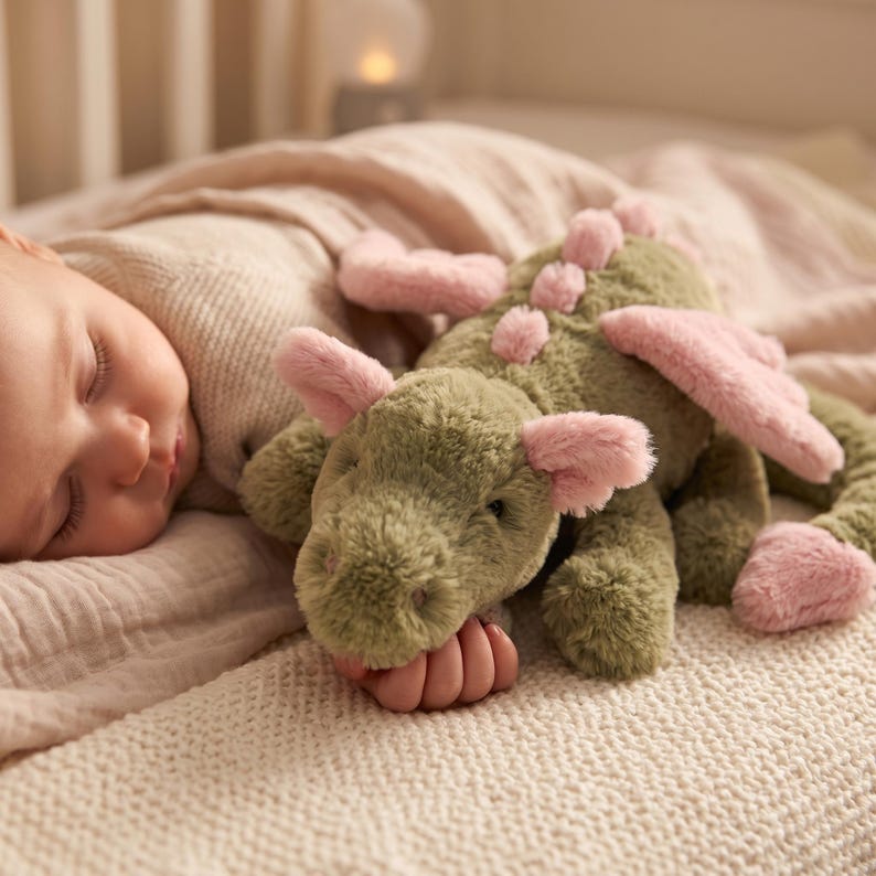 Pode incluir: Um brinquedo de pel&uacute;cia de drag&atilde;o verde com detalhes em rosa, incluindo asas e orelhas, repousa sobre um cobertor creme. Um beb&ecirc; dormindo est&aacute; ao lado do brinquedo. O drag&atilde;o tem uma express&atilde;o amig&aacute;vel e &eacute; projetado para o conforto.