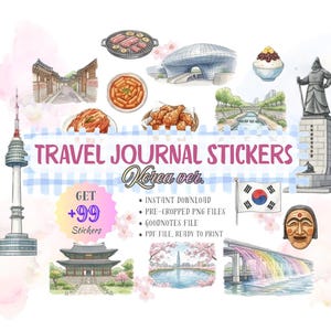 Puede incluir: Ilustraciones en acuarela de monumentos y alimentos coreanos, incluyendo una pagoda, una torre y una estatua. Se muestra el texto "TRAVEL JOURNAL STICKERS", junto con "Korea ver." y "GET +99 Stickers".