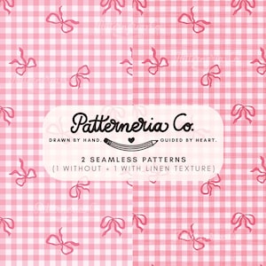 Könnte beinhalten: Zwei nahtlose Muster mit rosa Schleifen auf einem rosa-weiß karierten Hintergrund. Ein Muster hat eine Leinentextur. Der Text lautet "Patterneria Co. Drawn by Hand. Guided by Heart."