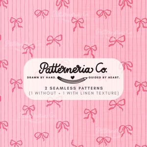 Può includere: Motivo rosa senza cuciture con strisce verticali e fiocchi rosa. L'immagine include il testo "Patterneria Co." e "2 Seamless Patterns". Il design è disegnato a mano e guidato dal cuore.
