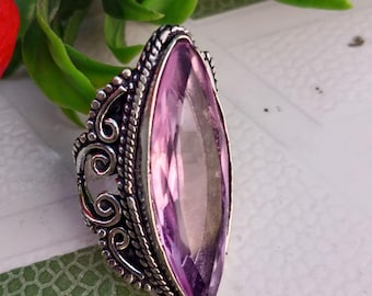 Vintage Pink Crystal Statement Ring, Boho Silver Ring, Marquise Cut Gemstone Jewelry,
