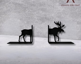Sujetalibros metálicos con forma de ciervo o alce, soporte para estantes con motivos de fauna silvestre del bosque, decoración rústica para biblioteca de cabaña.