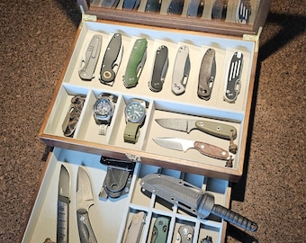 Wooden 2 Tire Pocket Knife Display Case With Glass Lid