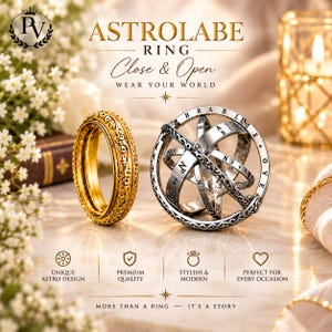 May include: An astrolabe ring shown in two states: one as a closed gold band with intricate floral engravings and one as an open silver sphere featuring engraved letters and symbols. The text ASTROLABE RING Close & Open WEAR YOUR WORLD is visible.
