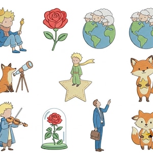 May include: A collection of twelve illustrated stickers featuring a blonde character with a crown, a red rose, sheep on a globe, a fox with a telescope, a character on a star, a fox holding a star, a character playing a violin, and a person in a suit.