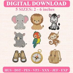 May include: A digital download embroidery design set featuring nine icons: a gray elephant, a brown lion, a black and white zebra, a gray rhinoceros, a colorful parrot, a brown monkey, tan binoculars, a gold compass, and a tan backpack. 5 sizes: 2-6 inches.