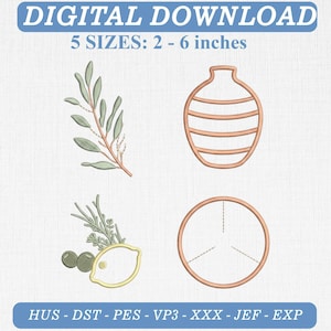 May include: Digital download embroidery design set featuring a leafy branch, a striped vase, a lemon with herbs, and a circular frame. Text reads: DIGITAL DOWNLOAD, 5 SIZES: 2 - 6 inches, HUS - DST - PES - VP3 - XXX - JEF - EXP.