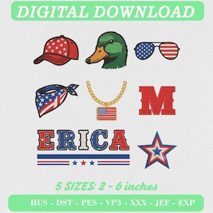 Könnte beinhalten: Ein digitales Stickmuster-Set mit einer roten Baseballkappe mit Sternenmuster, einem Stockenten-Kopf, einer Sonnenbrille im US-Flaggen-Design, einem Flaggen-Bandana, einer Goldkette mit Flaggen-Anhänger, dem Buchstaben M, dem Namen ERICA und einem Stern.