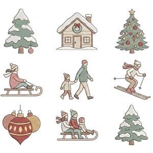 Peut inclure: Un ensemble de neuf illustrations sur le thème de l'hiver comprenant un arbre enneigé, un chalet avec une couronne, un sapin de Noël décoré, une personne sur une luge, deux personnes marchant, un skieur, trois boules de Noël et une famille.