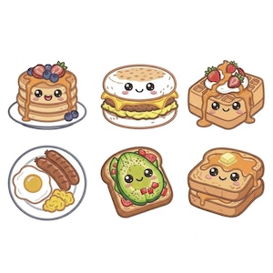 Peut inclure: Un ensemble de six illustrations de petit-déjeuner en dessin animé comprenant une pile de pancakes aux myrtilles, un sandwich, une gaufre aux fraises, une assiette avec un œuf au plat, des saucisses, des œufs brouillés, du toast à l'avocat et du pain perdu.
