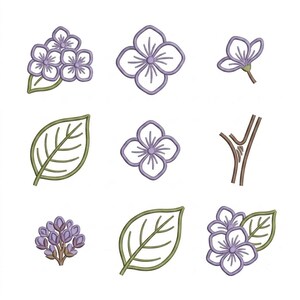 May include: A collection of nine machine embroidery designs featuring purple flowers, green leaves, and brown stems. The set includes individual blossoms, clusters of buds, and detailed leaf outlines, all rendered with a clean, stitched aesthetic.