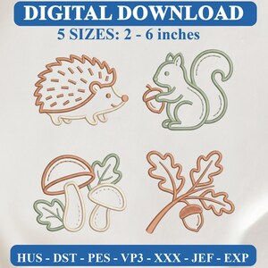 May include: Digital download embroidery designs featuring a hedgehog, a squirrel holding an acorn, two mushrooms with leaves, and an oak branch with an acorn. Text reads: DIGITAL DOWNLOAD, 5 SIZES: 2 - 6 inches, HUS - DST - PES - VP3 - XXX - JEF - EXP.