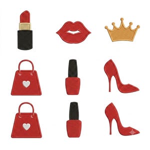 May include: A collection of embroidered patches featuring a red lipstick, red lips, a gold crown, two red handbags with white heart accents, two red nail polish bottles with black caps, and two red high-heeled shoes arranged in a grid pattern.