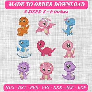 Baby Dino Embroidery Design Set: Pastel Dinosaurs, Pterodactyl, Hatching Egg (Digital Download)
