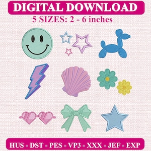 May include: A digital download embroidery design set featuring nine icons: a mint smiley face, three stars, a blue balloon dog, a purple lightning bolt, a pink seashell, two flowers, heart-shaped glasses, a mint bow, and a blue star in 2-6 inches.