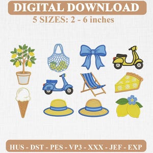 Può includere: Un set di ricami in download digitale con 11 icone: un alberello di limoni in vaso, una borsa a rete, un fiocco blu, uno scooter giallo, un gelato, uno scooter blu, una sedia a sdraio, una fetta di torta al limone, due cappelli e dei limoni.