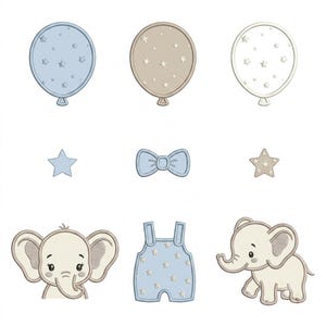 May include: A collection of embroidery designs featuring three balloons with star patterns in blue, beige, and white, a blue bow, two stars, a pair of blue overalls with stars, and two elephant illustrations in beige and white tones.
