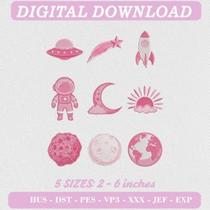 Pink Astronaut Space Embroidery Icons, Birthday Girl Bundle (Digital Download)