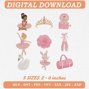 May include: Digital download embroidery design set featuring two ballerinas, a gold tiara, a pink music box, a flower, ballet slippers, a swan, a bunny in a tutu, and a duffel bag. Text includes DIGITAL DOWNLOAD and 5 SIZES: 5 - 15 cm.