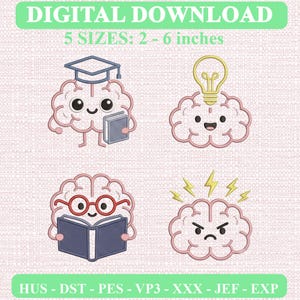 Può includere: Design per ricamo in download digitale con quattro cervelli a cartone animato. Uno indossa un tocco di laurea e tiene un libro, uno ha una lampadina gialla sopra, uno indossa occhiali rossi leggendo un libro e uno è arrabbiato con fulmini gialli.