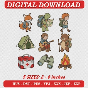 May include: A digital download collection featuring nine camping-themed illustrations: a fox, a turtle with a map, a child hiking, a green tent, a child playing guitar, a bear with a walking stick, a first aid kit, binoculars, and a campfire.