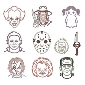 May include: A collection of nine embroidered patches featuring horror movie characters including a clown, a masked figure with a knife, a ghost girl, a masked slasher, a hockey mask, a wild-haired figure, a puppet on a knife, a scarred doll, and a monster.