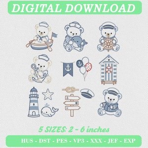 Nautical Teddy Bear Embroidery Icons, Sailor Bear Stitch Bundle (Digital Download)