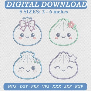 Peut inclure: Quatre motifs de boulettes brodées avec des visages souriants, incluant un avec un nœud, une fleur, un clin d'œil et une étoile. Le texte indique DIGITAL DOWNLOAD et 5 SIZES: 5 - 15 cm, avec les formats HUS, DST, PES, VP3, XXX, JEF, EXP.