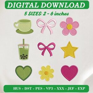 May include: A digital download embroidery design set featuring nine icons: a light green teacup, a light pink bow, a pink flower, a green boba tea, a dark pink bow, a yellow star, a green heart, a yellow flower, and a dark pink heart. Text: DIGITAL DOWNLOAD 5 SIZES: 2 - 6 inches HUS - DST - PES - VP3 - XXX - JEF - EXP.