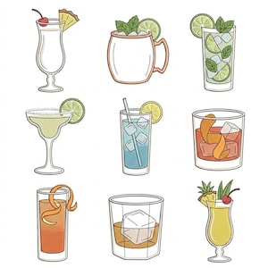 Puede incluir: Una colección de nueve cócteles ilustrados en varios tipos de vasos, incluyendo una piña colada con piña y cereza, una taza de cobre con menta y lima, un mojito, una margarita, una bebida azul con pajita y varios vasos de estilo whisky.
