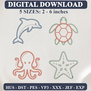 Könnte beinhalten: Digitales Stickmuster-Set mit vier Meerestieren: ein blauer Delfin, eine grüne Meeresschildkröte mit korallenfarbenem Panzer, ein korallenfarbener Oktopus und ein grüner Seestern. Text: DIGITAL DOWNLOAD, 5 SIZES: 2 - 6 inches, HUS, DST, PES, VP3, XXX, JEF, EXP.