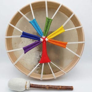 Shaman Drum Natural Skin – Colorful Rainbow Rope Design 14–20 Inch | Sound Healing, Meditation & Tribal Drum