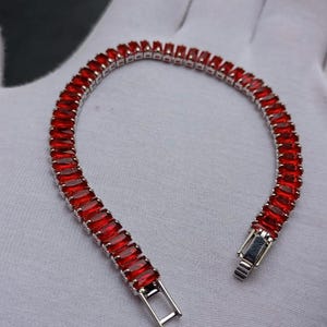 Ruby Baguette Cut Tennis Bracelet, 925 Sterling Silver, Handmade Jewelry, Bracelet For Women, Gemstone Bracelet.