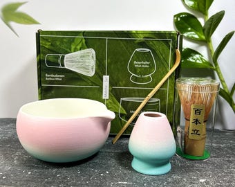 Pastel Gradient Matcha Set: Ceramic Chawan, Whisk, Scoop, Holder (4-Piece)