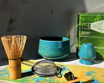 Artistic Turquoise Matcha Set with Scenic Tea Mat | 7-Piece Ceramic Japanese Tea Ritual Kit