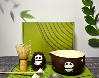 Panda Matcha Set | Ceramic Chawan, Bamboo Whisk, Sifter, Scoop (7-Piece Kit)