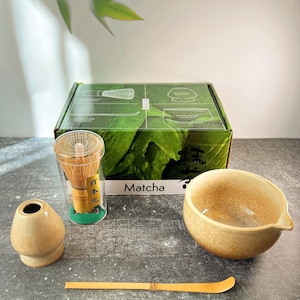 Minimalist Beige Matcha Set | Ceramic Chawan Bowl, Bamboo Whisk, Scoop