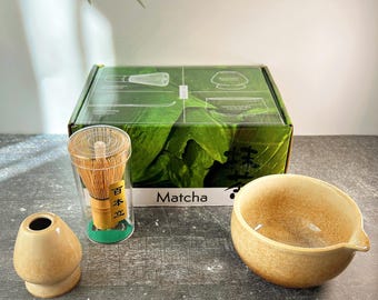 Minimalist Beige Matcha Set | Ceramic Chawan Bowl, Bamboo Whisk, Scoop