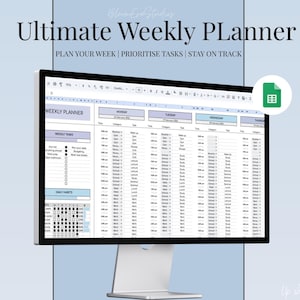 May include: A computer monitor displays a digital weekly planner template. The screen shows a spreadsheet with sections for daily tasks and a calendar. Text at the top reads "Ultimate Weekly Planner" and "Plan Your Week | Prioritize Tasks | Stay on Track."
